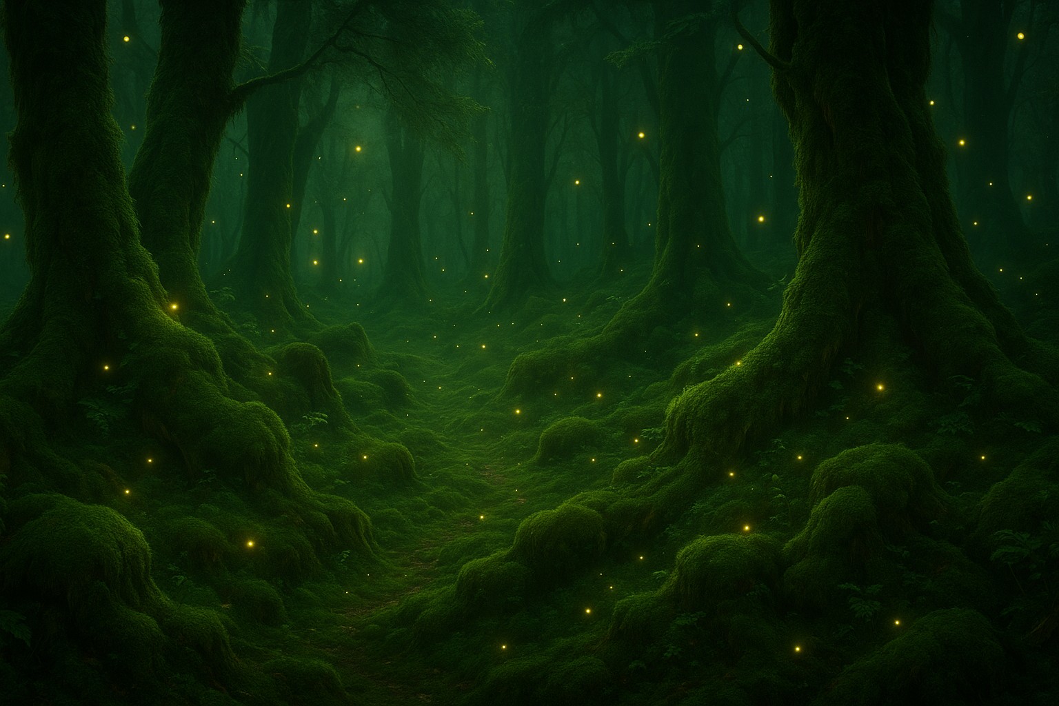 Mystischer Wald mit leuchtenden Moosen