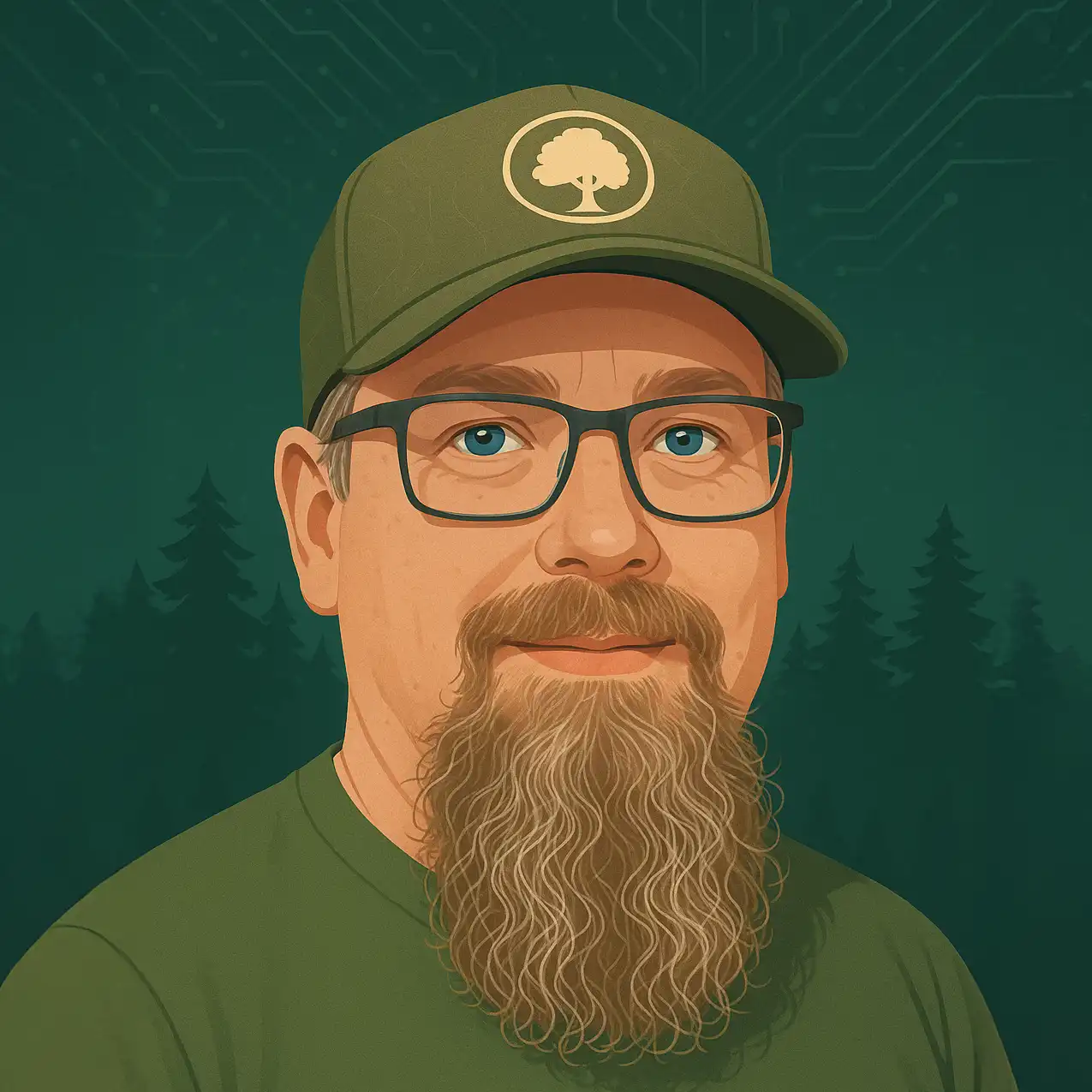 Illustration von Sascha Große mit Bart, Brille und Cap